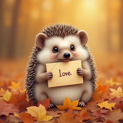 Hedgehog holds love note in autumn leaves