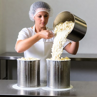Worker prepares cheese curds in a kitchen