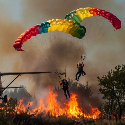 Firefighters parachuting over wildfire