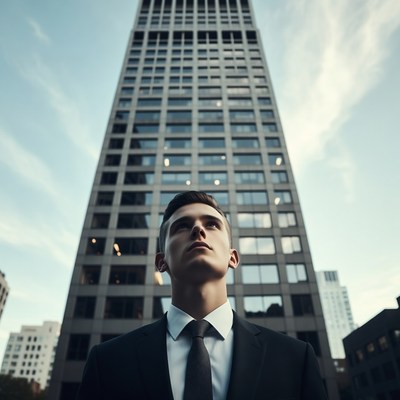 Businessman looking up at tall building
