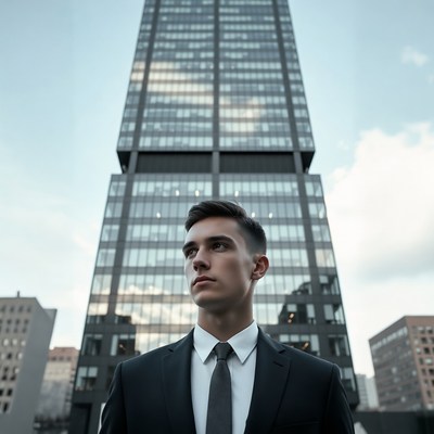 Businessman in city skyline background