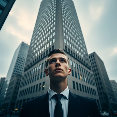 Man in suit looking at buildings
