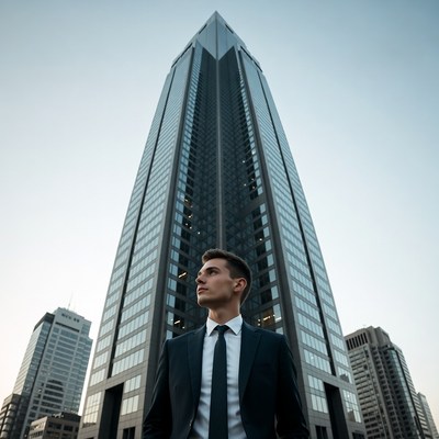 Man stands near tall city building