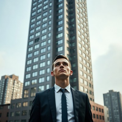 Man in suit looks at building