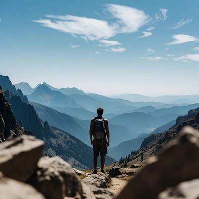 Hiker overlooking mountain landscape near peaks