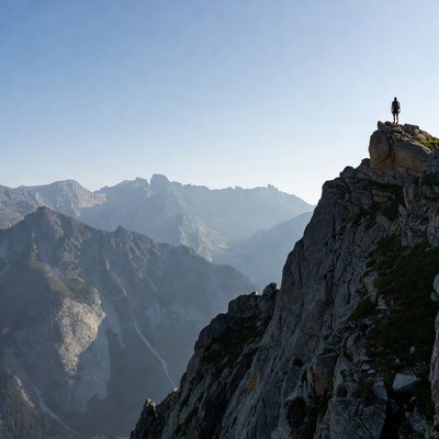 Hiker on mountain peak at sunset