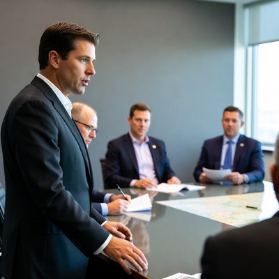 Business meeting in city office space