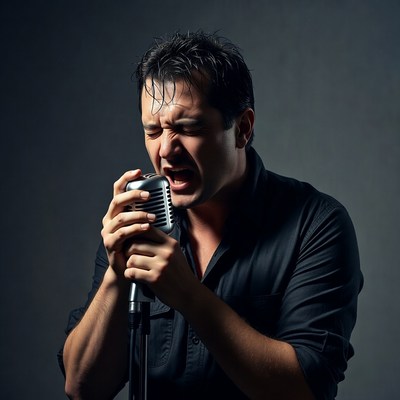 Singer performing with vintage microphone