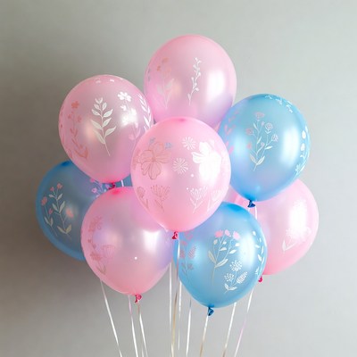 Balloons with flower designs in blue and pink