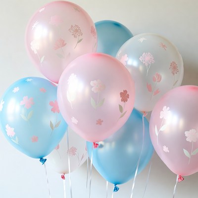 Balloons with floral designs gathered together