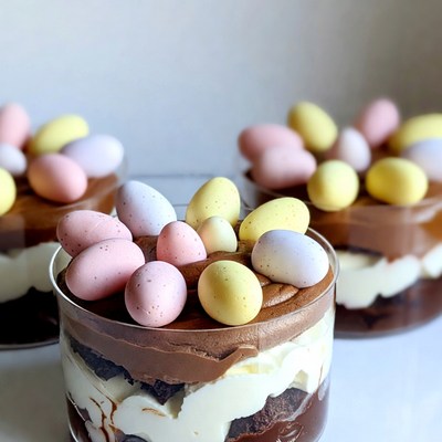 Chocolate dessert with candy eggs