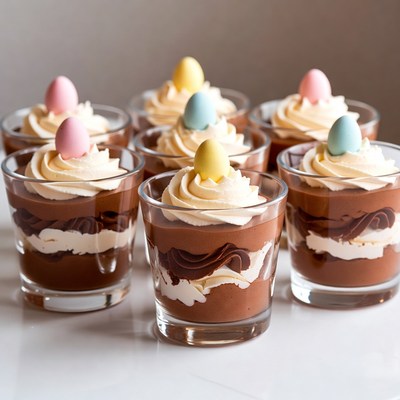 Chocolate dessert cups with cream and candy