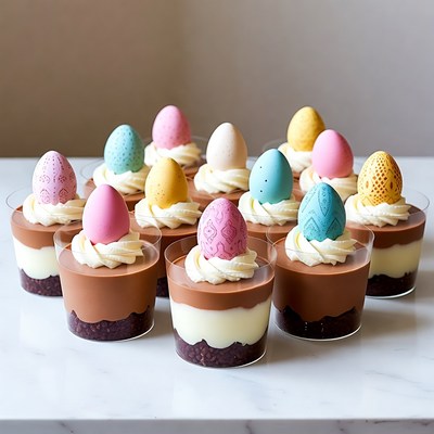 Colorful dessert cups with chocolate layers