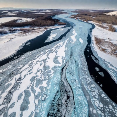 Frozen river flows through snowy landscape