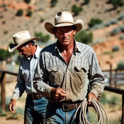 Cowboys handling ropes in the field