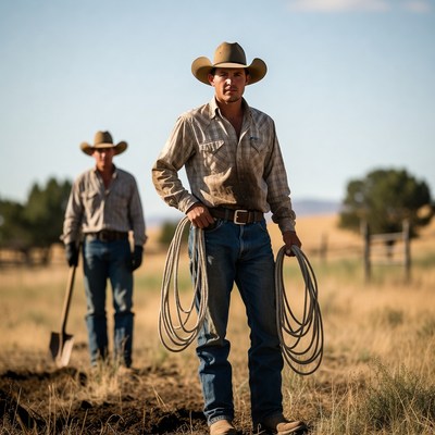 Cowboys working on ranch in daylight