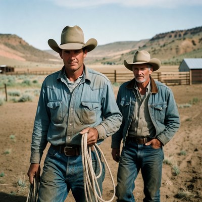 Cowboys preparing for a roundup in the ranch