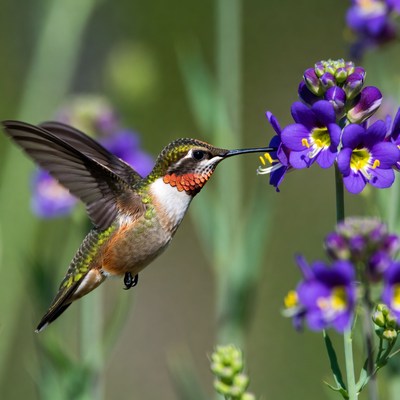 Hummingbird visits purple flowers in spring