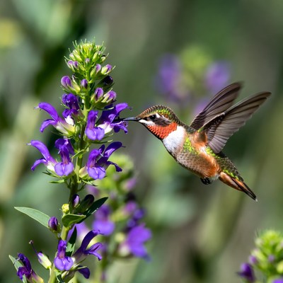 Hummingbird feeding on purple flower