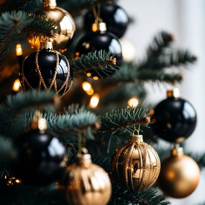 Black and gold christmas ornaments on tree