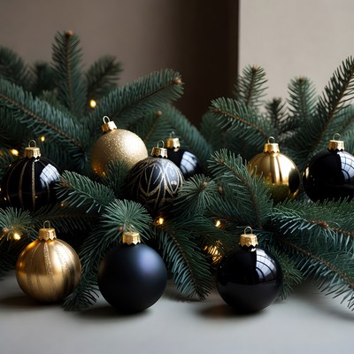 Black and gold ornaments on pine branches