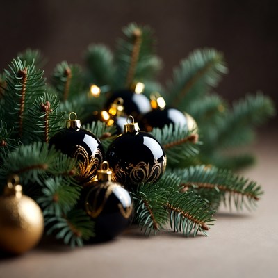 Black ornaments on green branches