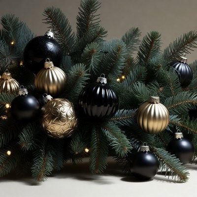 Black and gold ornaments on pine branches