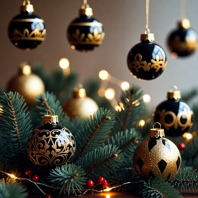 Christmas ornaments on pine branches