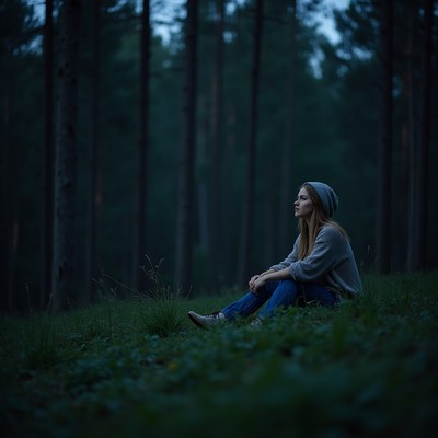 Woman sitting alone in forest