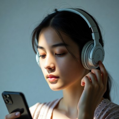 Young woman listens to music quietly