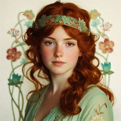 Woman with red hair and floral background