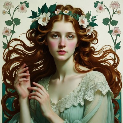 Woman with flower crown and flowing hair