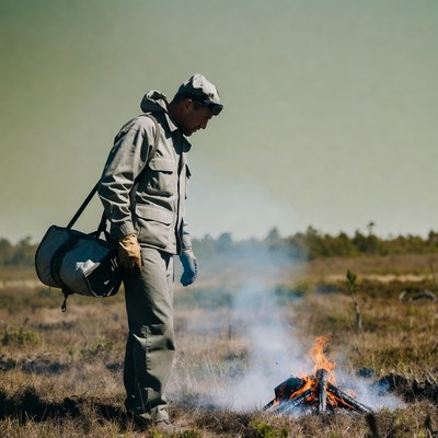Man standing by a small fire