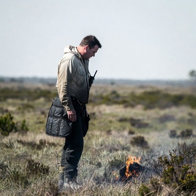 Man observing fire in grassland