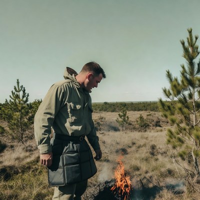 Man tending fire in forest area