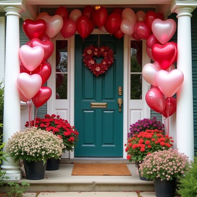 Balloons and flowers at a door
