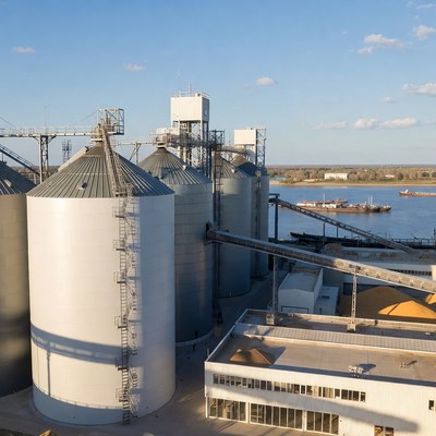 Grain silos near river in afternoon