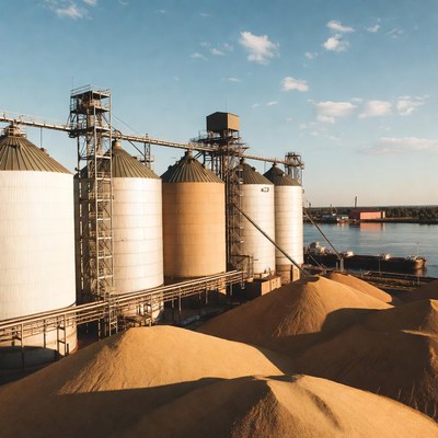 Grain storage facility by the river