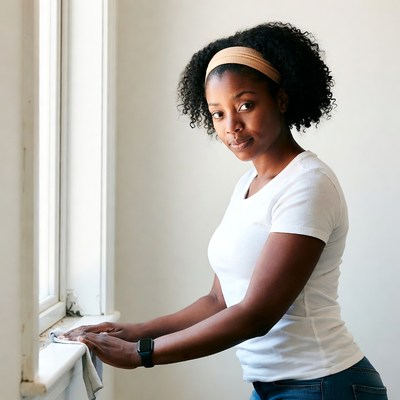 Woman cleaning window in room