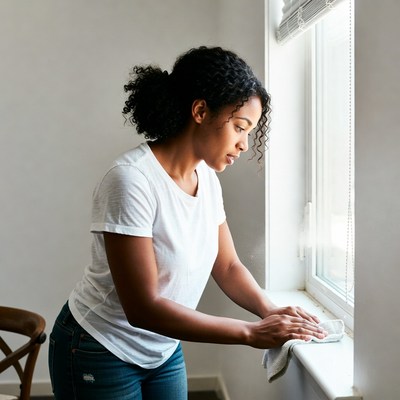 Woman cleaning window during day