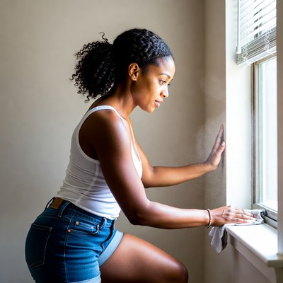 Woman cleaning window at home