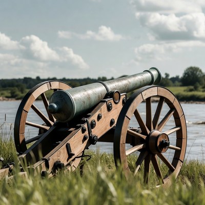 Historical cannon beside a river