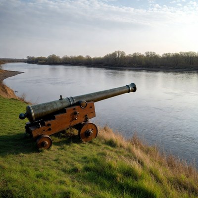 Cannon by the riverbank at dusk