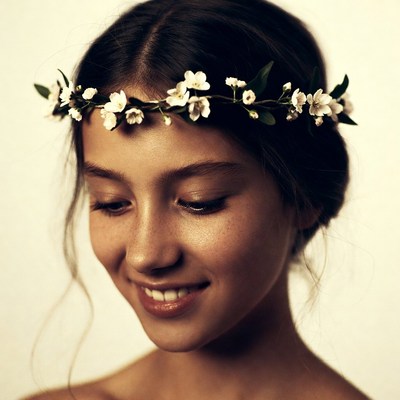 Girl with flower crown smiling indoors