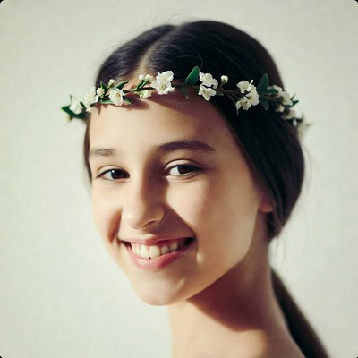 Girl wearing flower crown indoors
