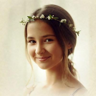 Girl with flower crown smiles softly indoors