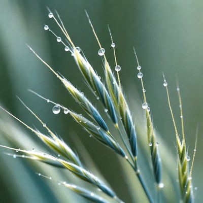 Dew on grass blades in morning light