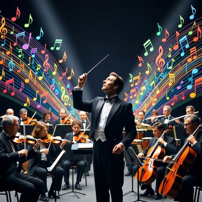 Orchestra performance with colorful music notes