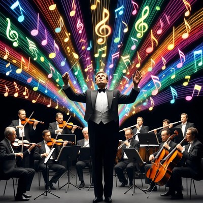 Orchestra plays with colorful music notes