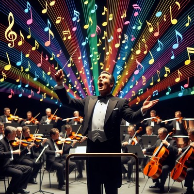 Conductor leads orchestra with music notes